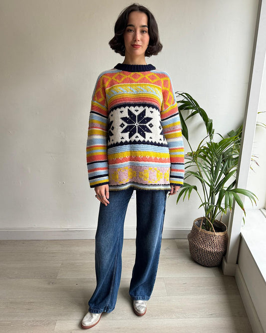 Front view of oversized multicolour knit from Essential Antwerp