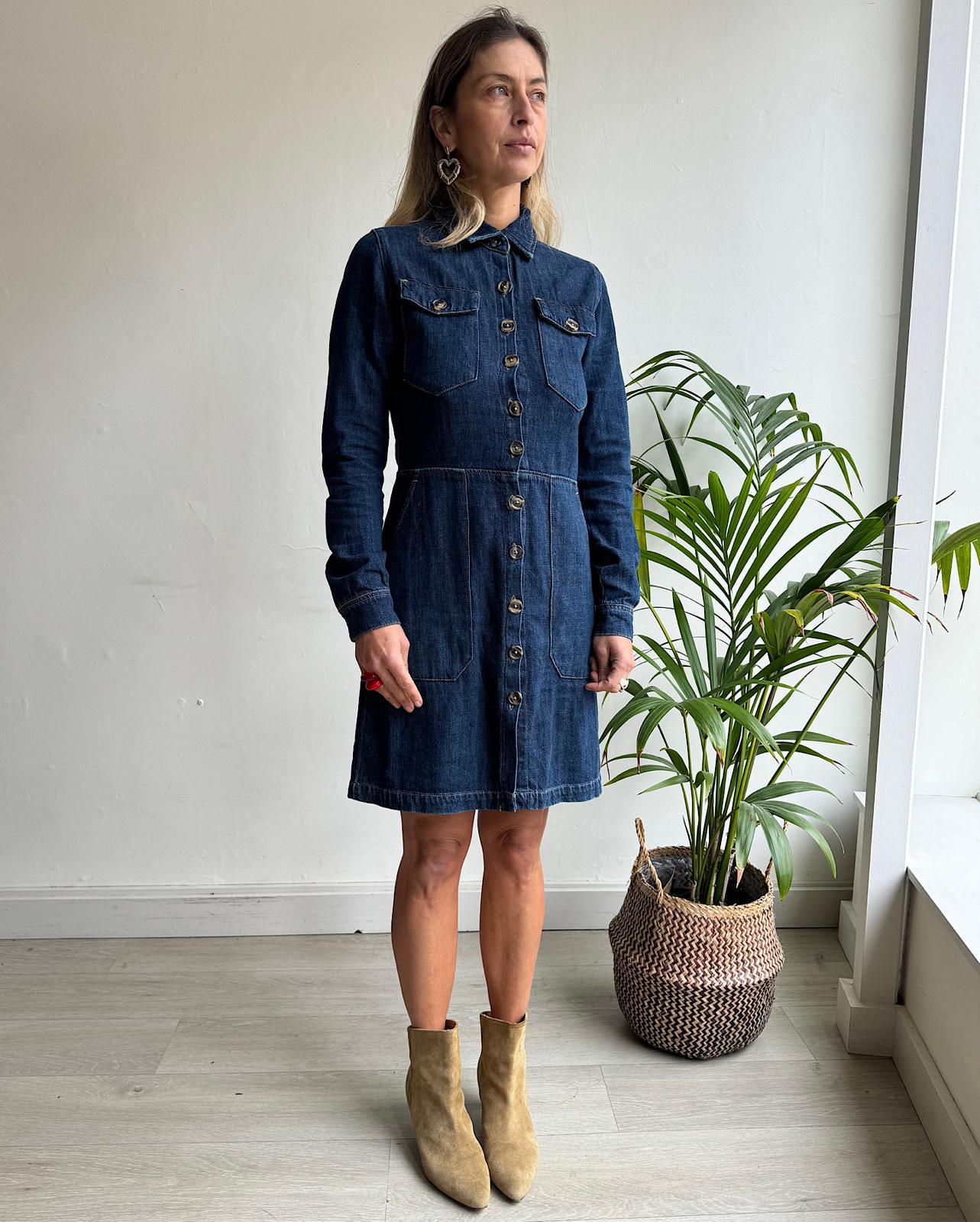 Front view of stylish denim dress by Leon &amp; Harper.