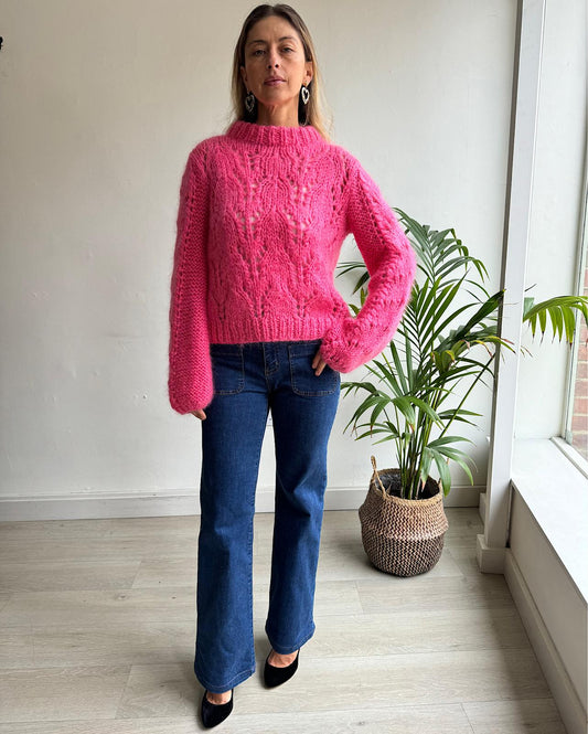 Front view of pink 'Julliard' mohair-blend knit by Ganni