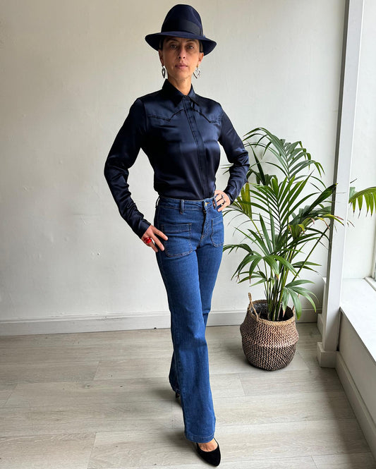 Front view of stunning navy silk shirt by Nili Lotan