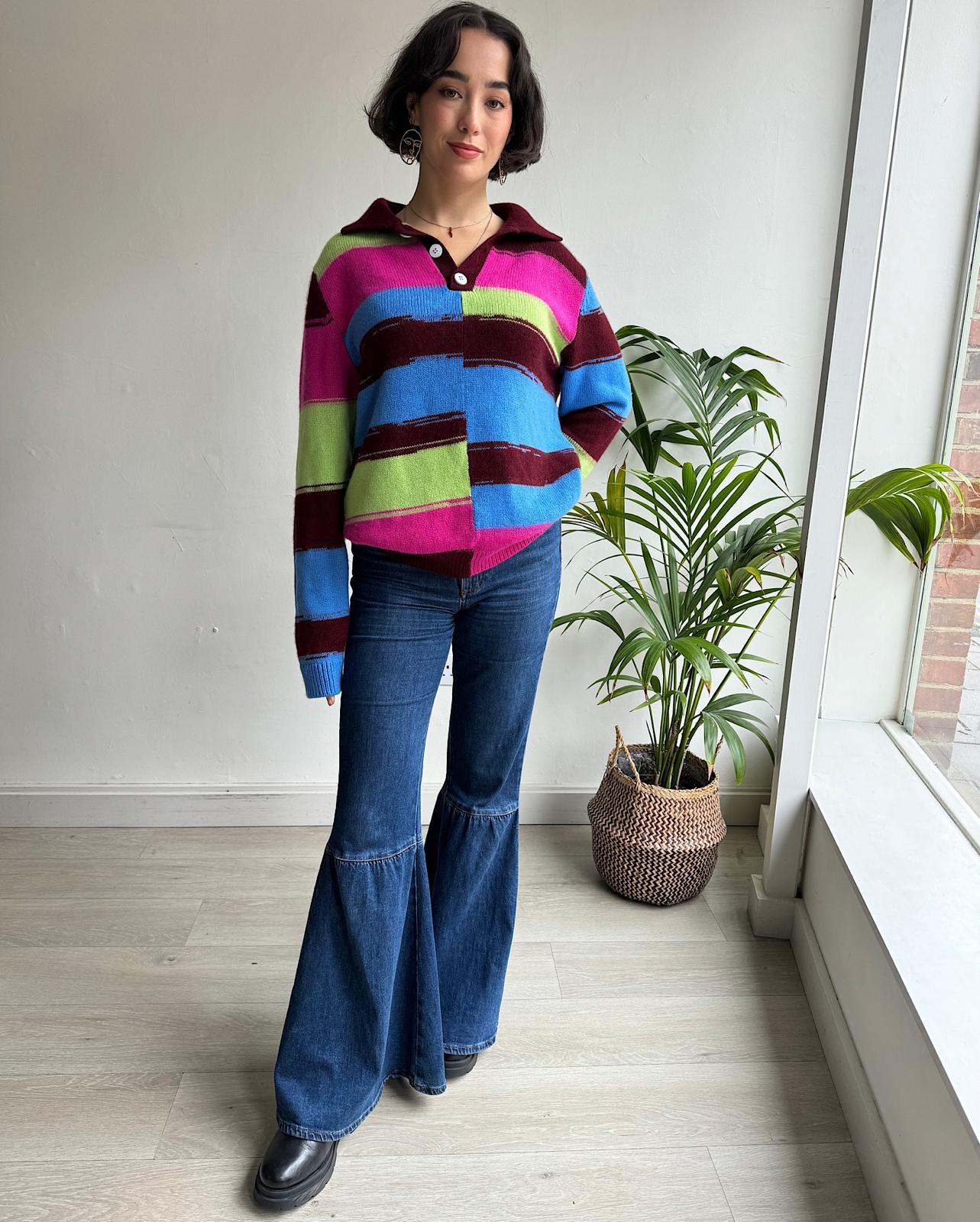 Front view of stylish multicolored cashmere knit from The Elder Statesman