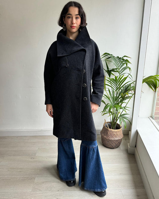 Front view of stylish grey wool blend coat from Acne Studios