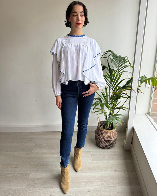 Front view of boho blue and white frill 'Rayani' top by Isabel Marant Etoile.