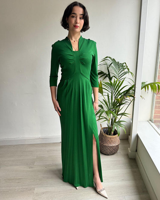 Front view of stunning green gown, designed by Susannah