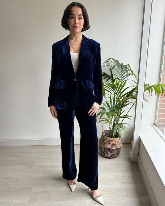 Front view of beautiful blue velvet trouser suit by NRBY