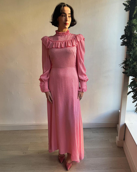 Front view of beautiful pink 'Firefly' ruffled silk maxi dress by The Vampire's Wife