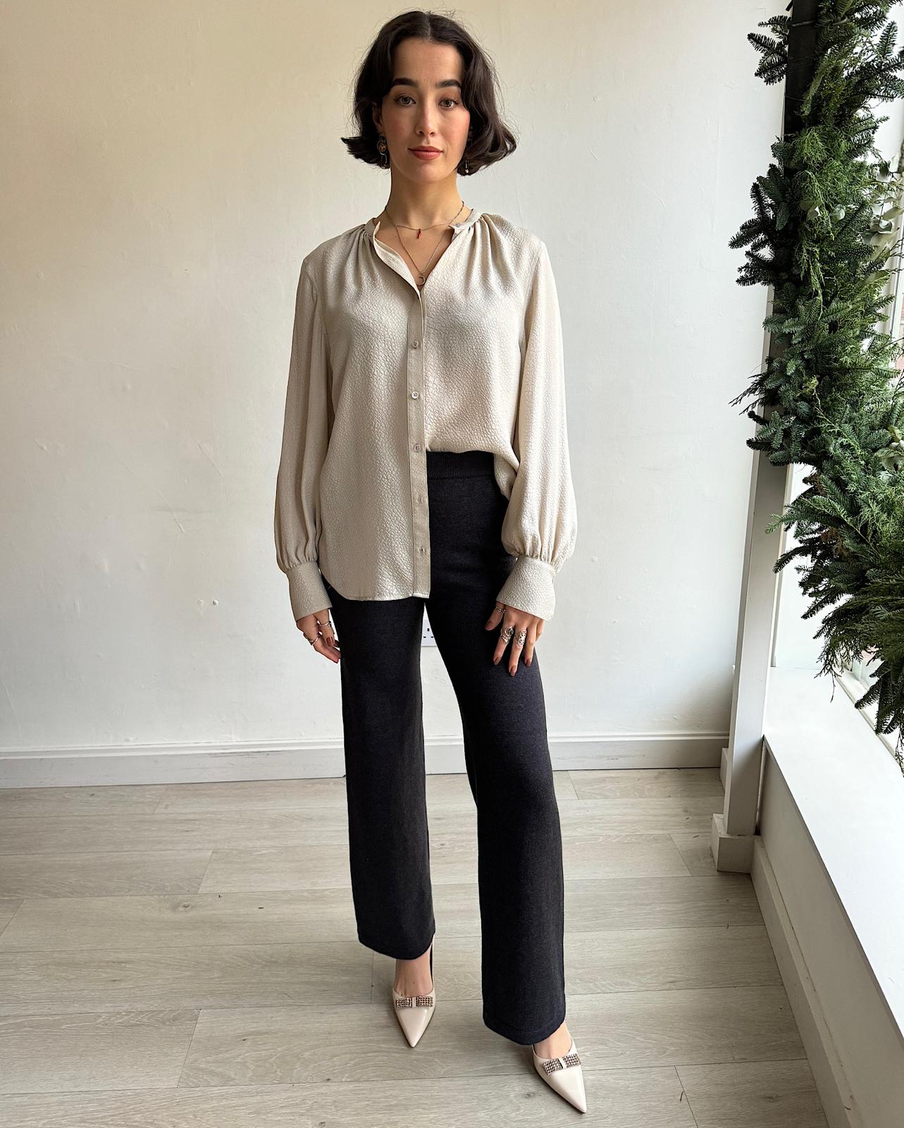 Stylish textured silk blouse by Equipment Femme styled with a french tuck.