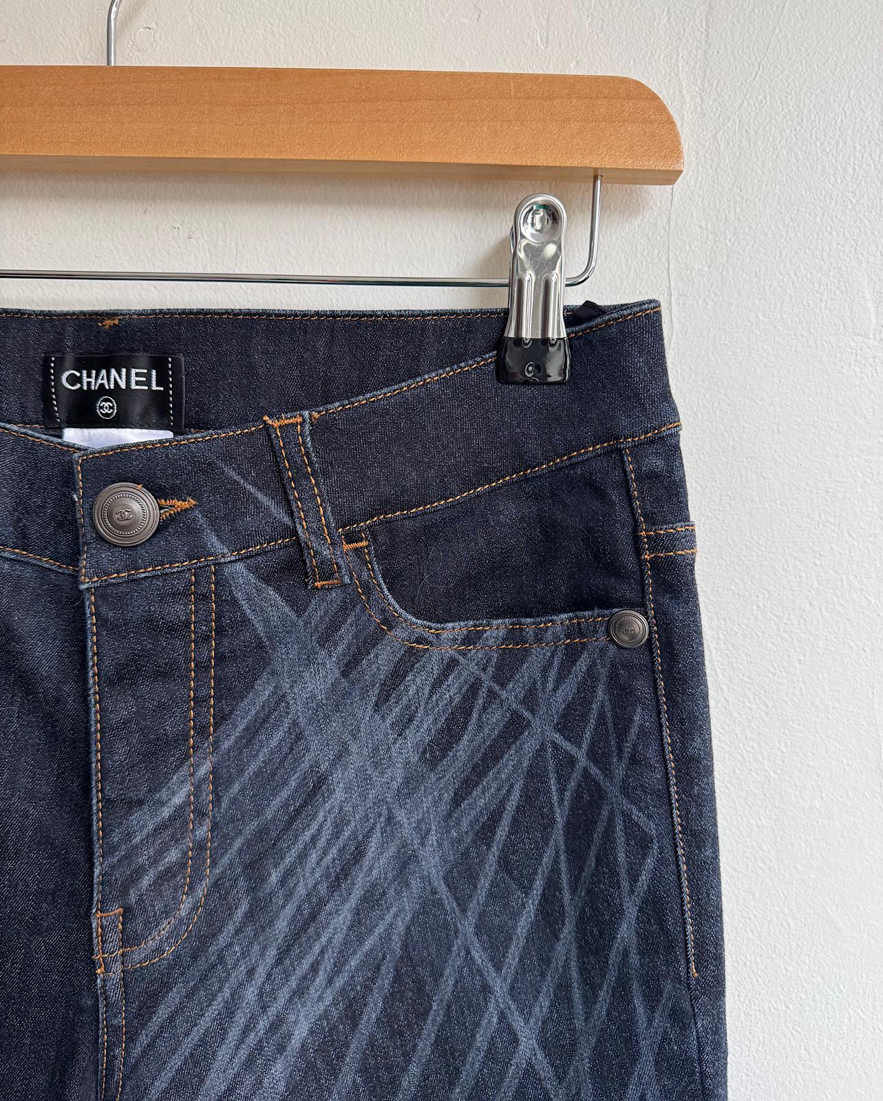 Close up of A gorgeous pair of dark wash denim skinny jeans from Chanel