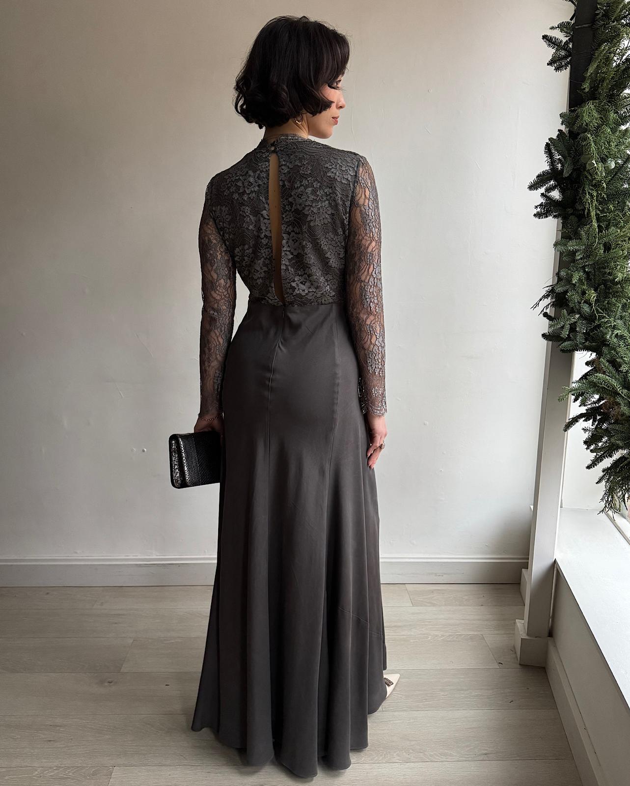 Back view of stunning grey lace and silk gown, designed by Libelulah