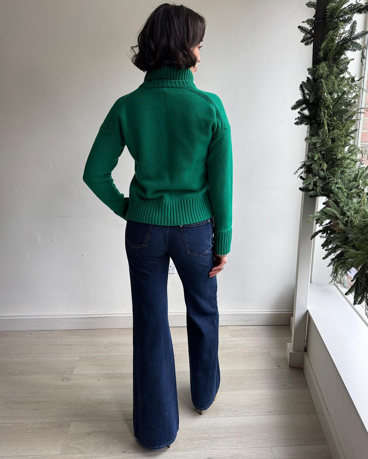 Back view of striking green cashmere blend knit by ME+EM features a detachable cowl neck