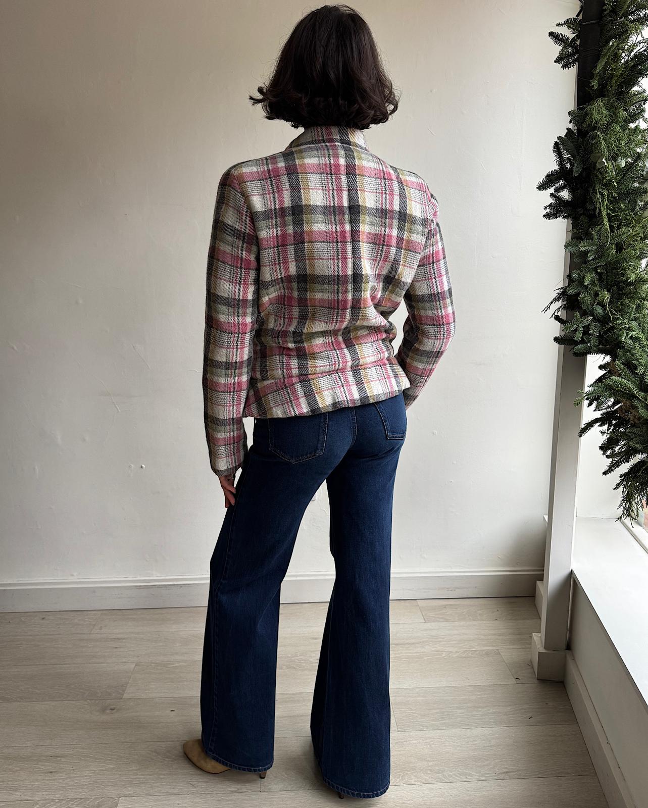 Back view of stylish pink and green plaid coat by Isabel Marant