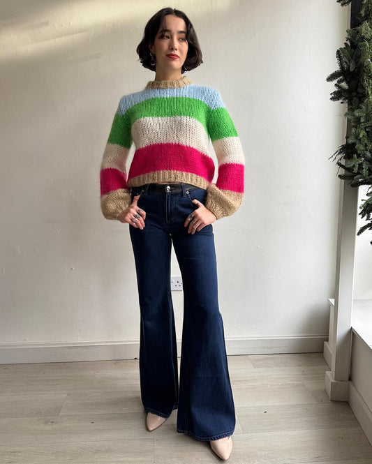 Front view of colorful, chunky Julliard mohair striped jumper by Ganni features a round neckline and puffy sleeves