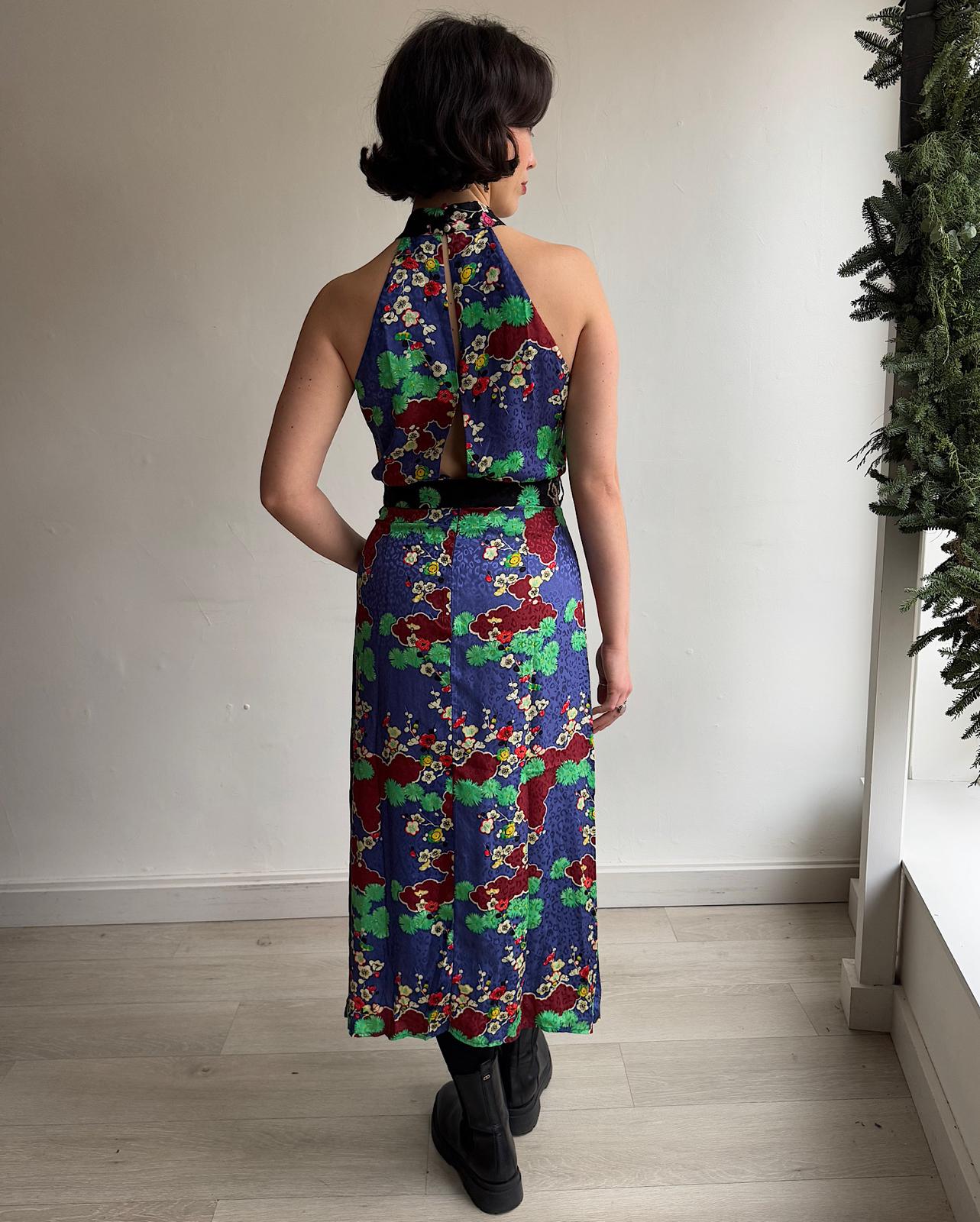 Back view of stunning blue cherry blossom silk Pearl dress from Rixo