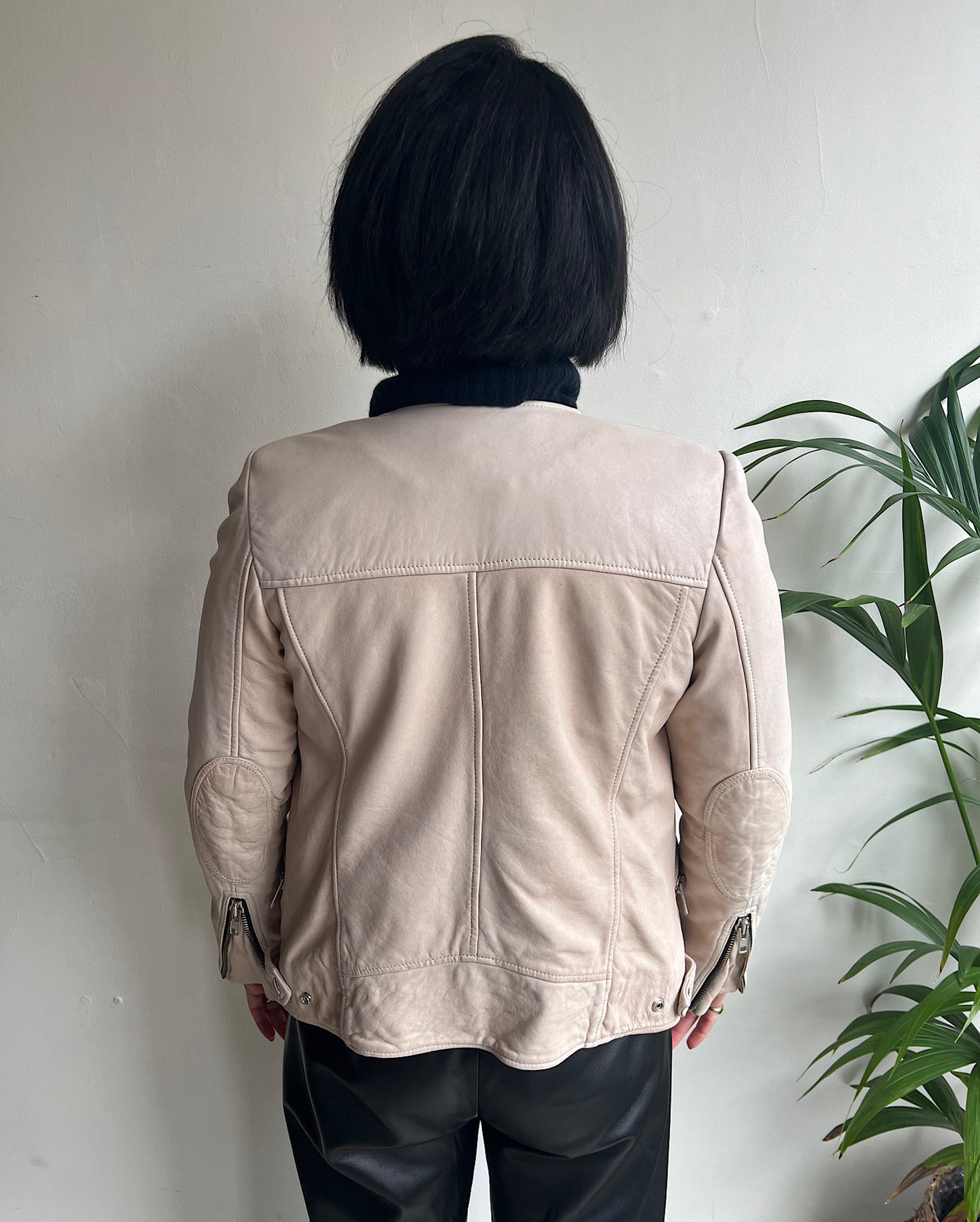 Cream Leather Biker Jacket ~ Size 8
